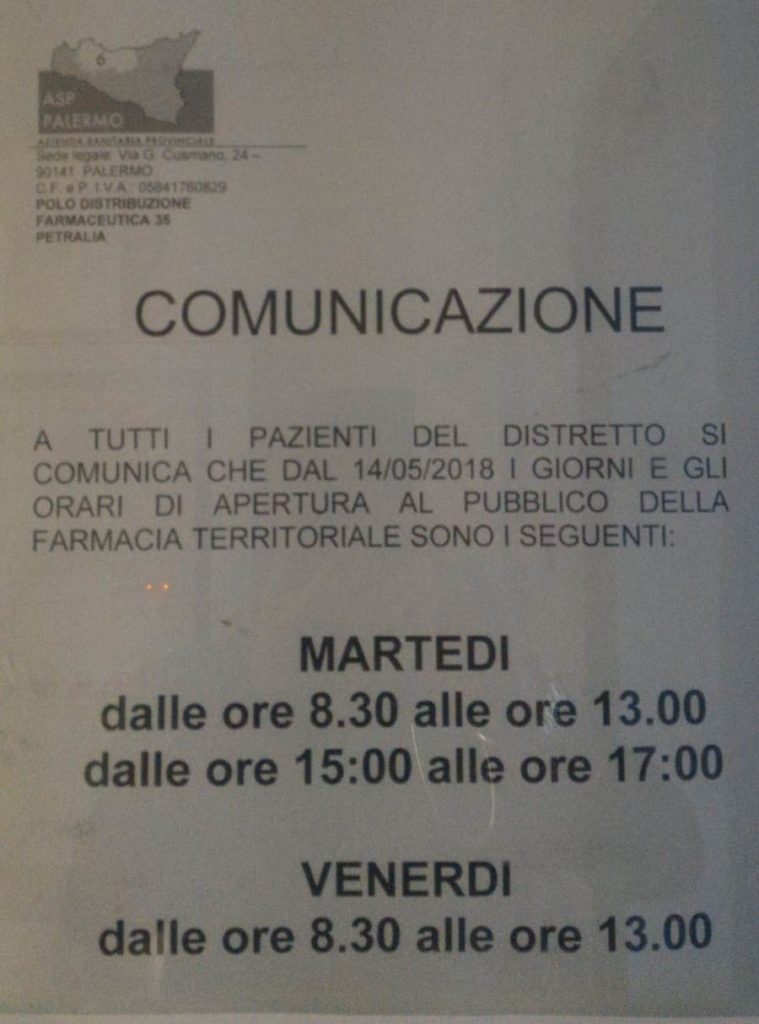 Ospedale di Petralia,nuovi orari per la Farmacia