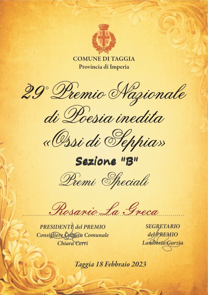 Il poeta e scrittore Rosario La Greca premiato in Liguria