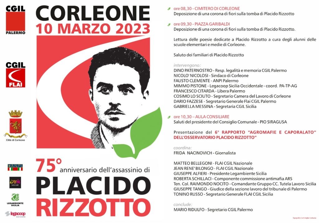 Cgil e Flai, il 10 a Corleone 75° anniversario Placido Rizzotto