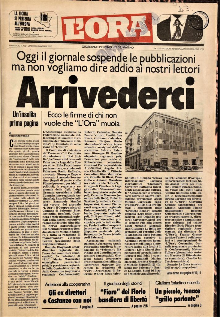 L’ORA,trentuno anni fa chiudeva lo storico giornale