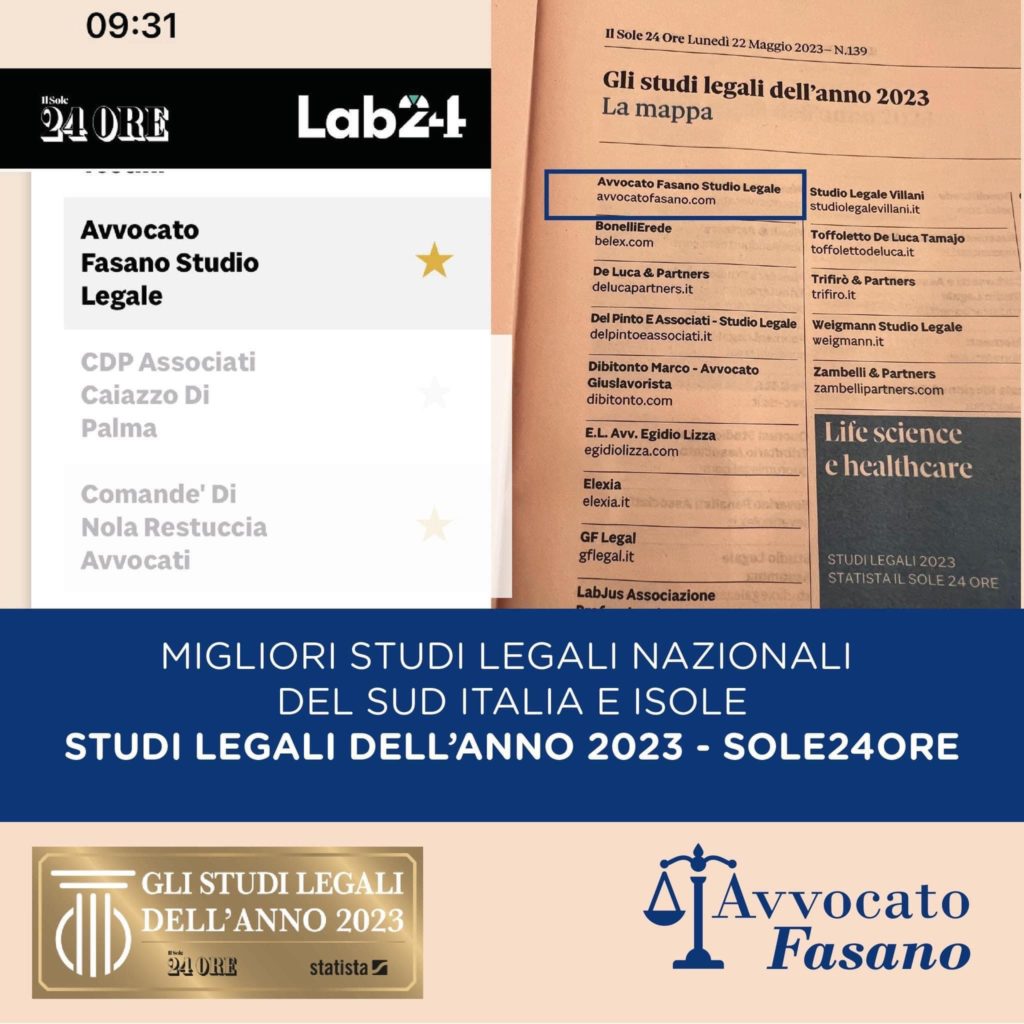 Lo studio legale Fasano  sul podio secondo Il Sole 24 Ore