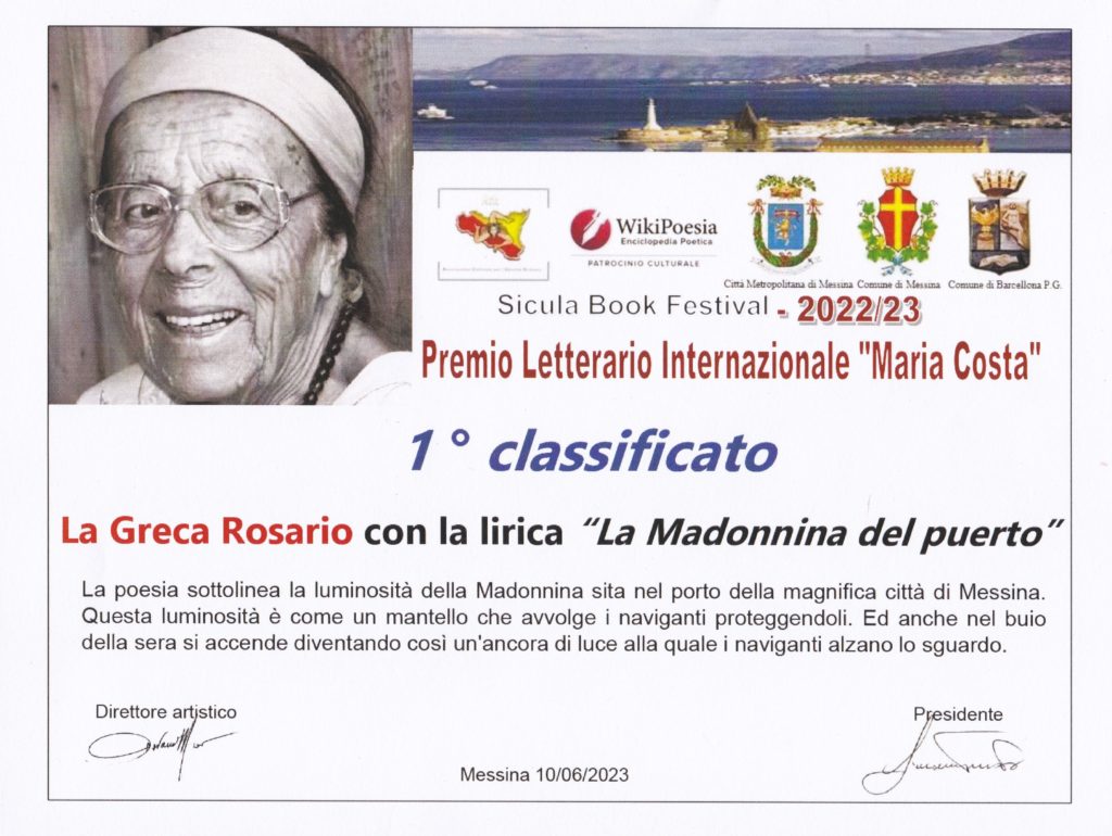 Il poeta Rosario La Greca è il vincitore della sezione B del premio letterario internazionale “Maria Costa”