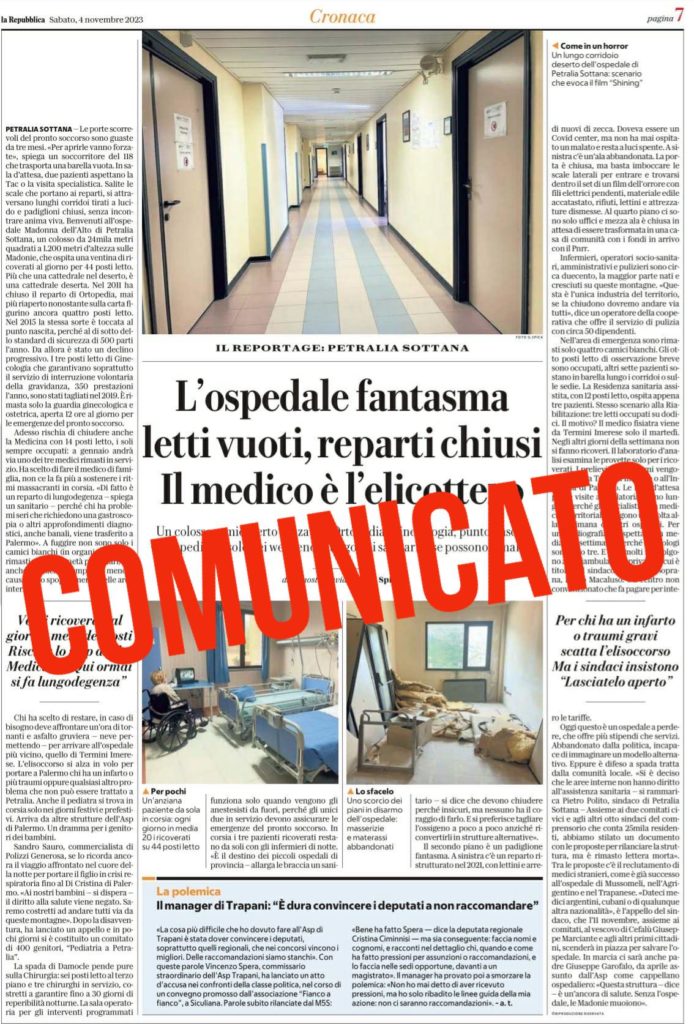 Al Comune di Petralia Sottana(e non solo) non è piaciuto l’articolo su Repubblica,in merito all’ospedale