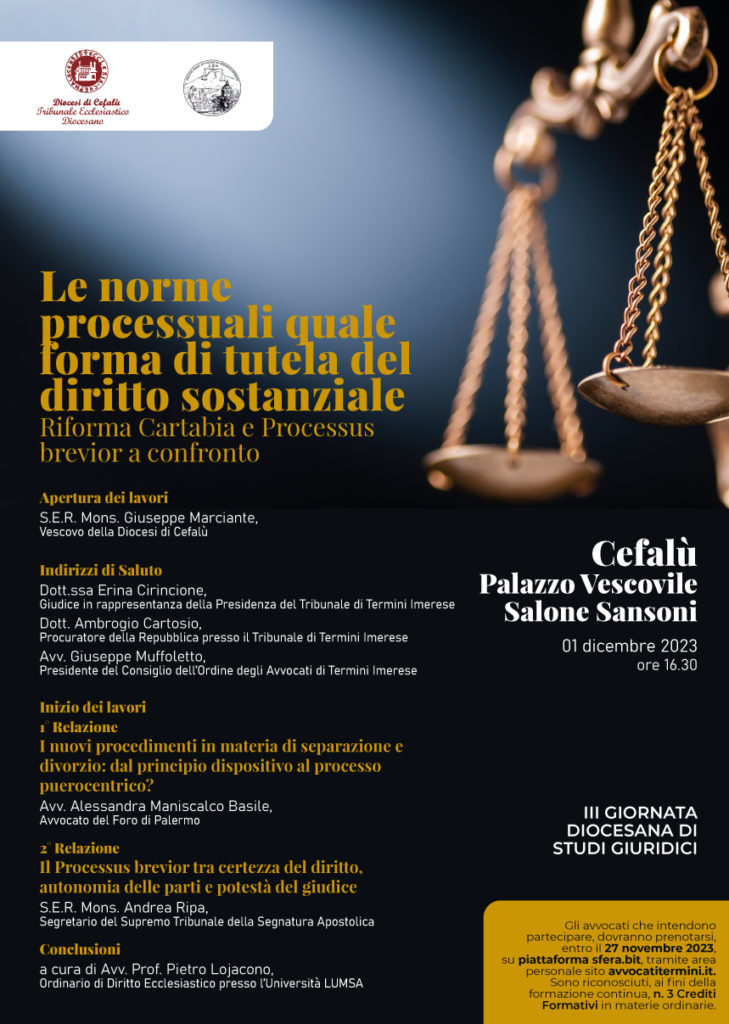 “Le norme processuali quale forma di tutela del diritto sostanziale”. A Cefalù la III Giornata diocesana di Studi Giuridici