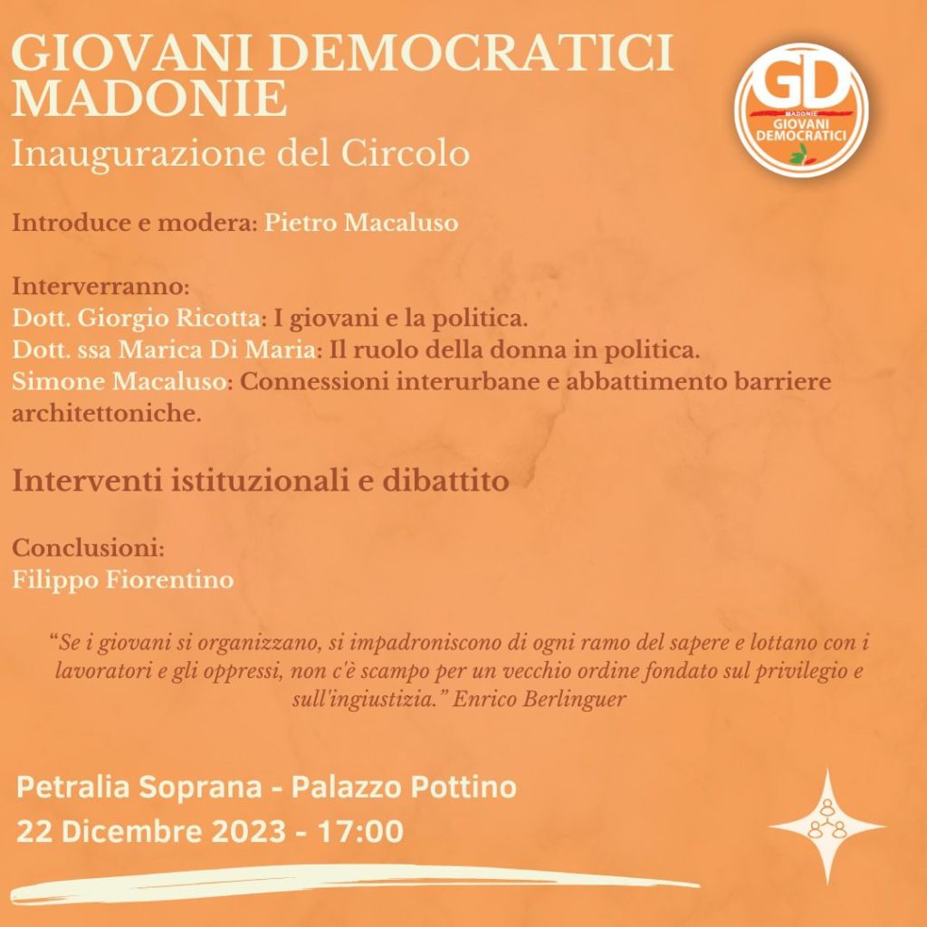 A Petralia Soprana sarà inaugurato il Circolo dei giovani Democratici delle Madonie