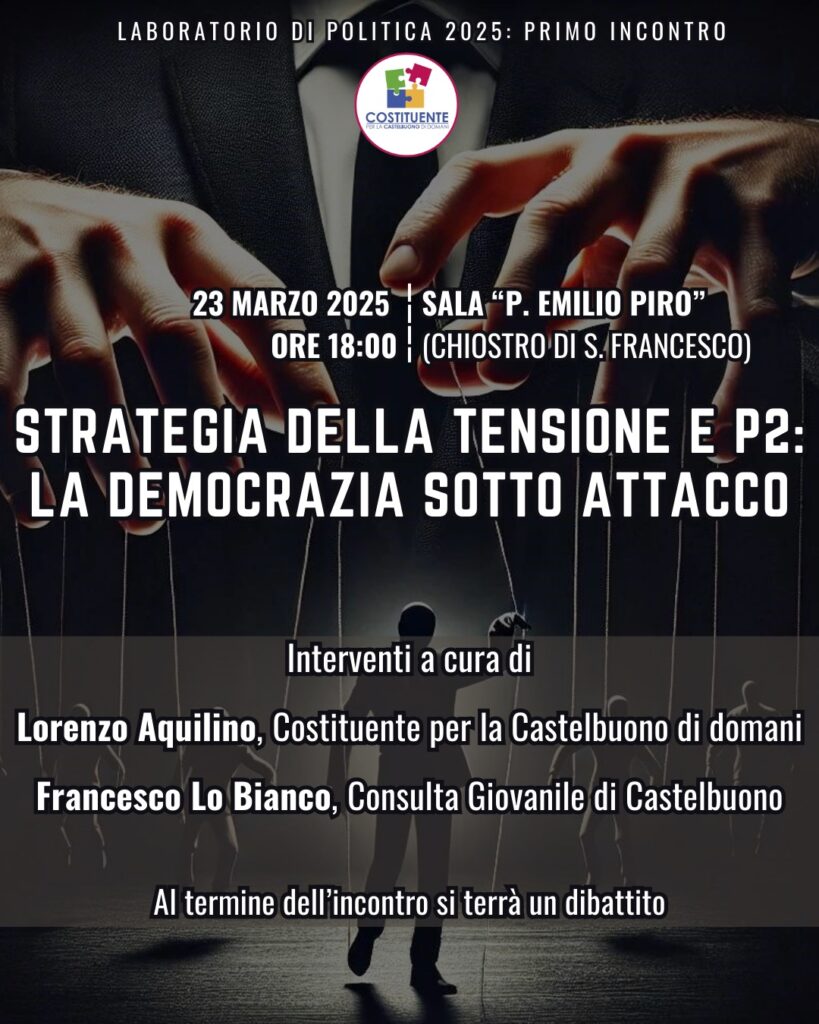 NUOVO CICLO DI INCONTRI: IL LABORATORIO DI POLITICA ORGANIZZATO DALLA COSTITUENTE PER LA CASTELBUONO DI DOMANI